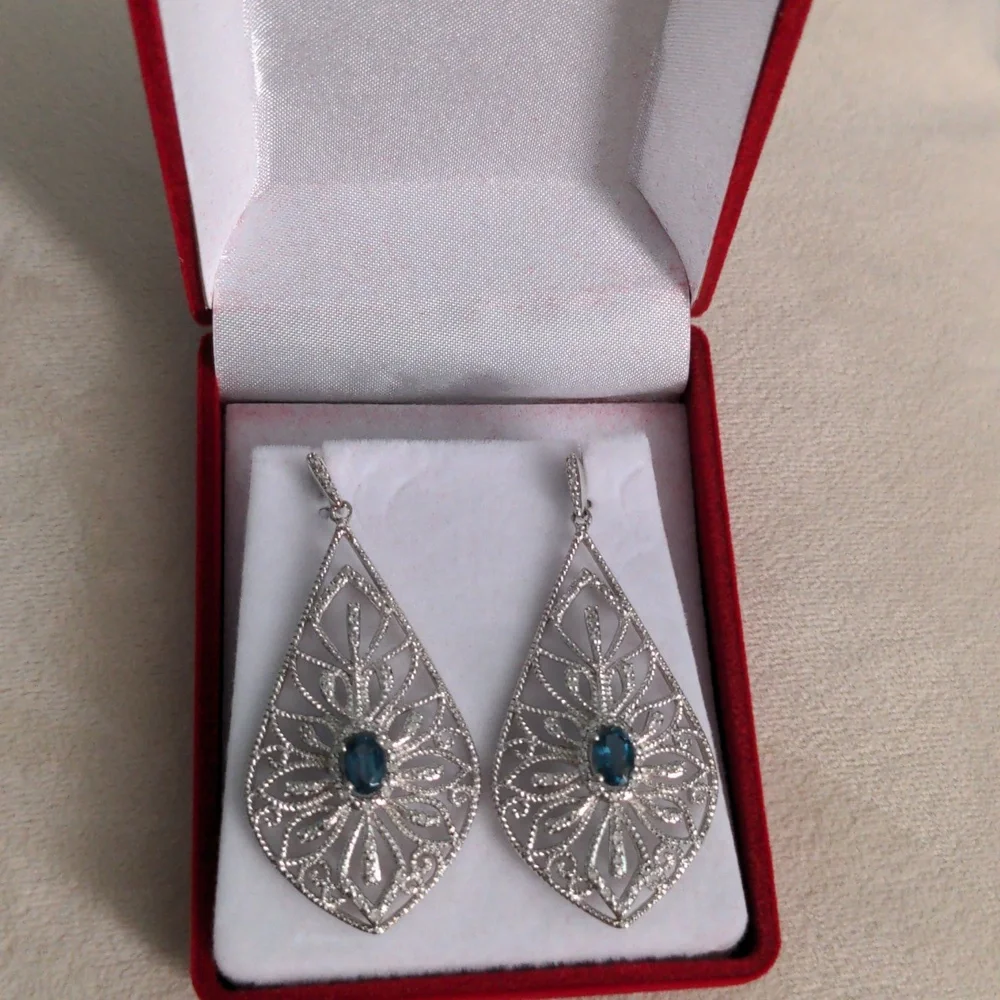 London Blue Sterling Silver Teardrop Earrings, Sparkling  Gemstone Filagree, New